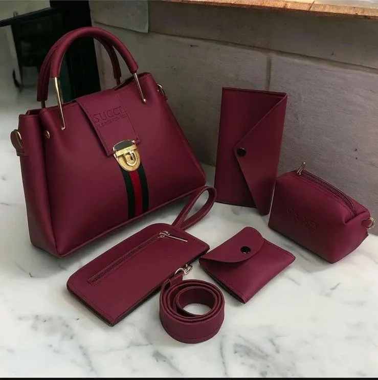 Women's Leather Handbag Set 5pcs Lock Style Black Brown Maroon Beige