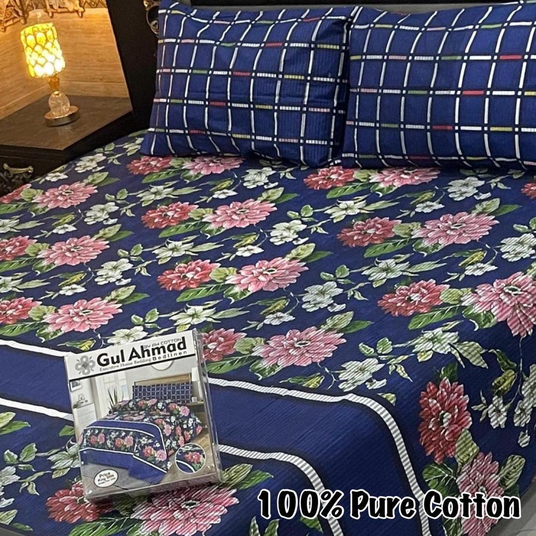 3 Pcs Cotton Printed Double Bedsheet