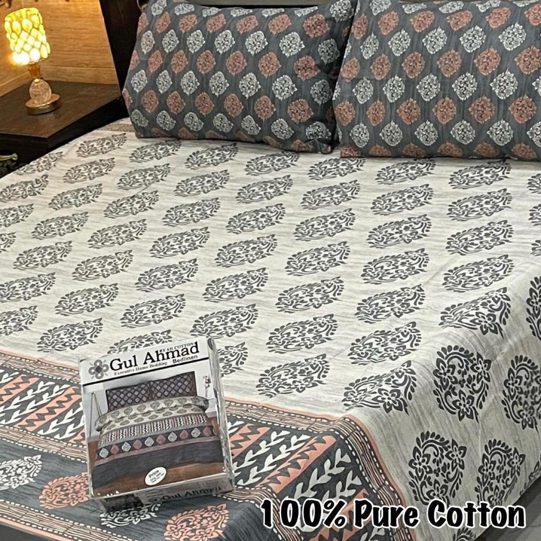 3 Pcs Cotton Printed Double Bedsheet