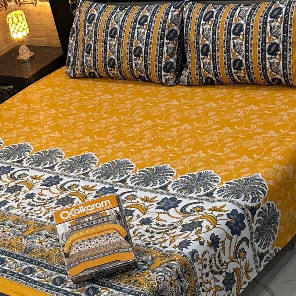 3 Pcs Cotton Salonica Printed Double Bedsheet