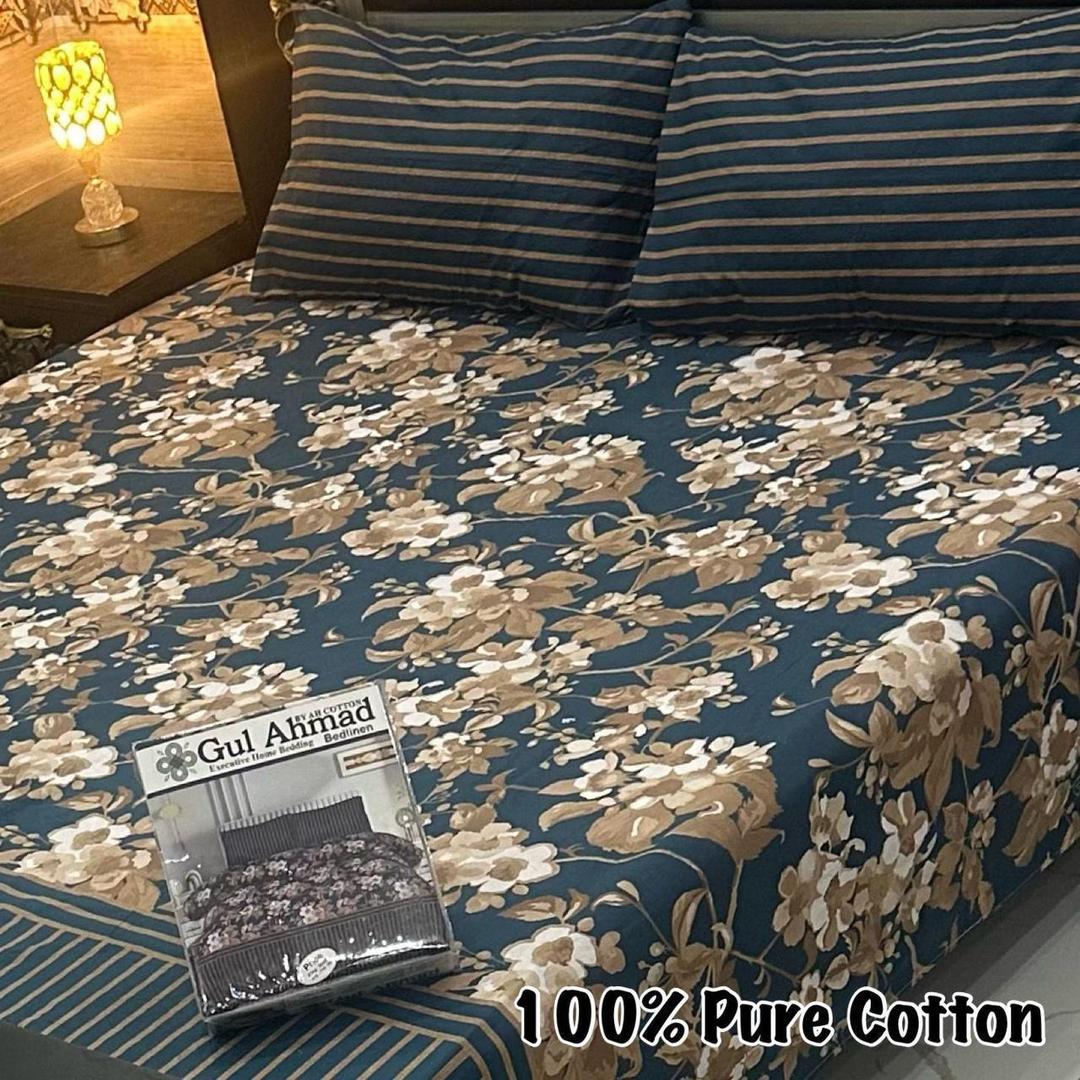 3 Pcs Cotton Printed Double Bedsheet