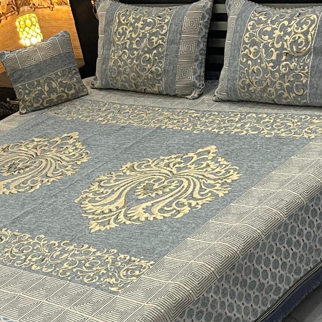4 Pcs Velvet Jacquard Embroidered Double Bedsheet