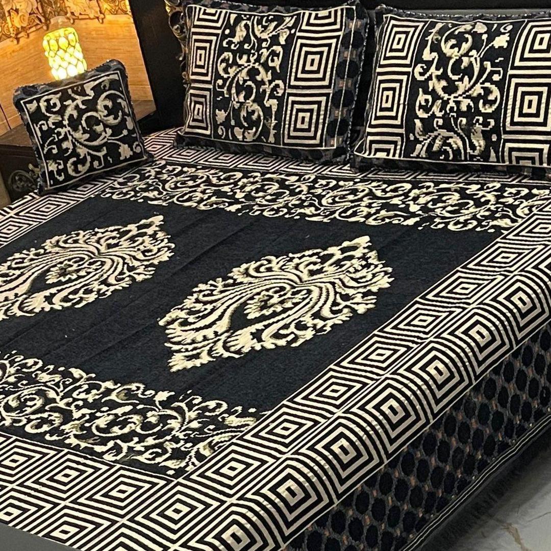 4 Pcs Velvet Jacquard Embroidered Double Bedsheet