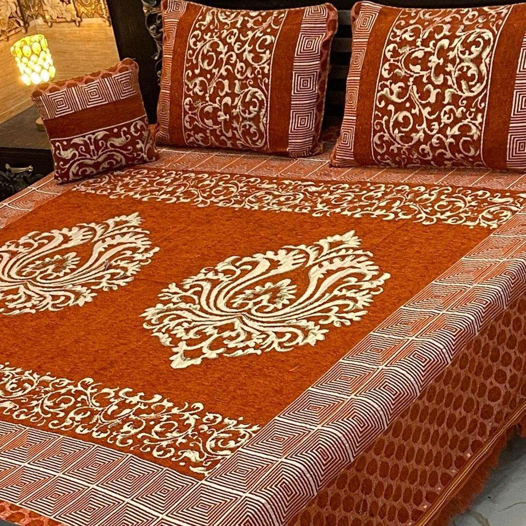 4 Pcs Velvet Jacquard Embroidered Double Bedsheet