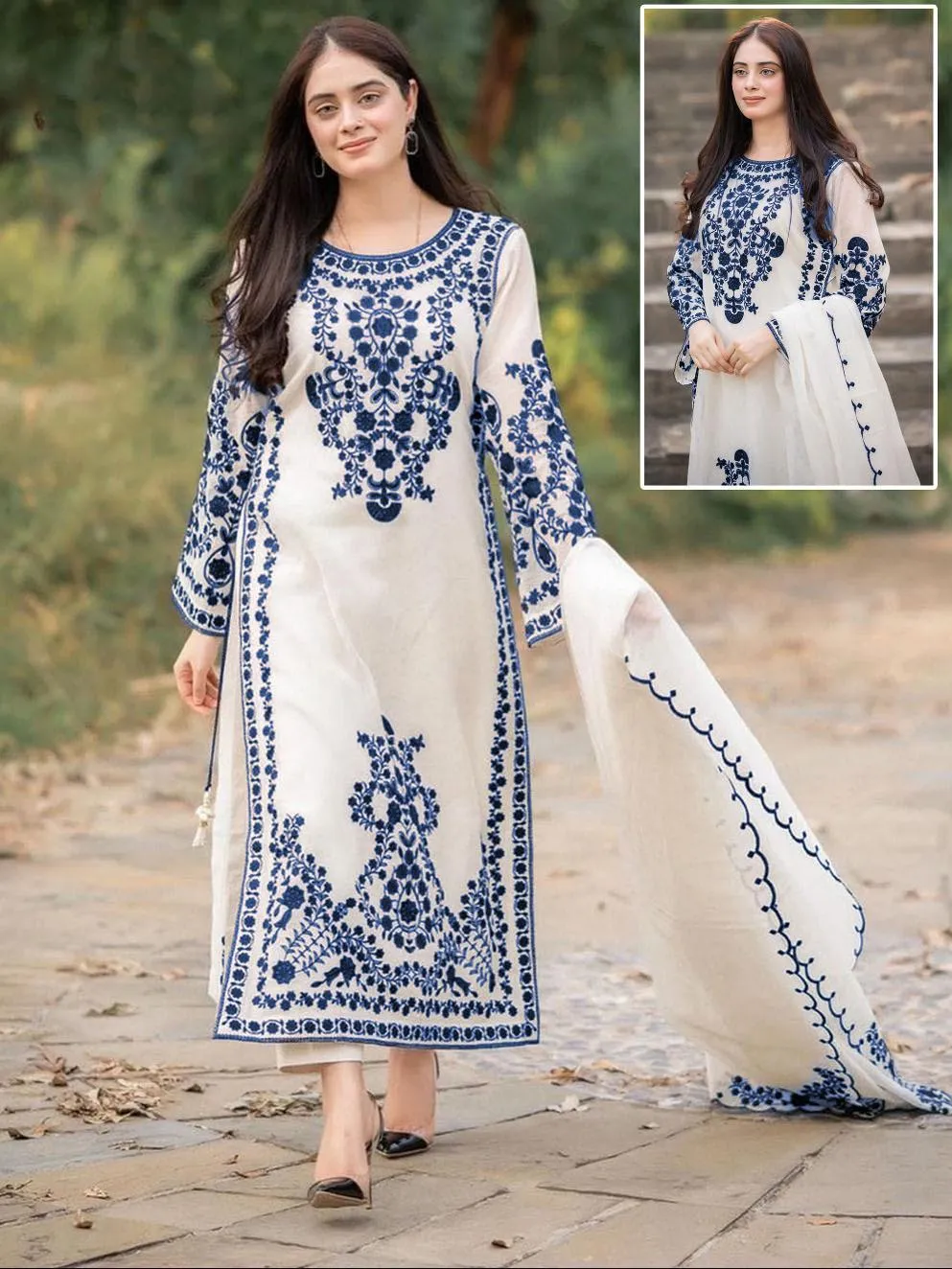 3 Pcs Women’s Stitched Organza Embroidered Suit