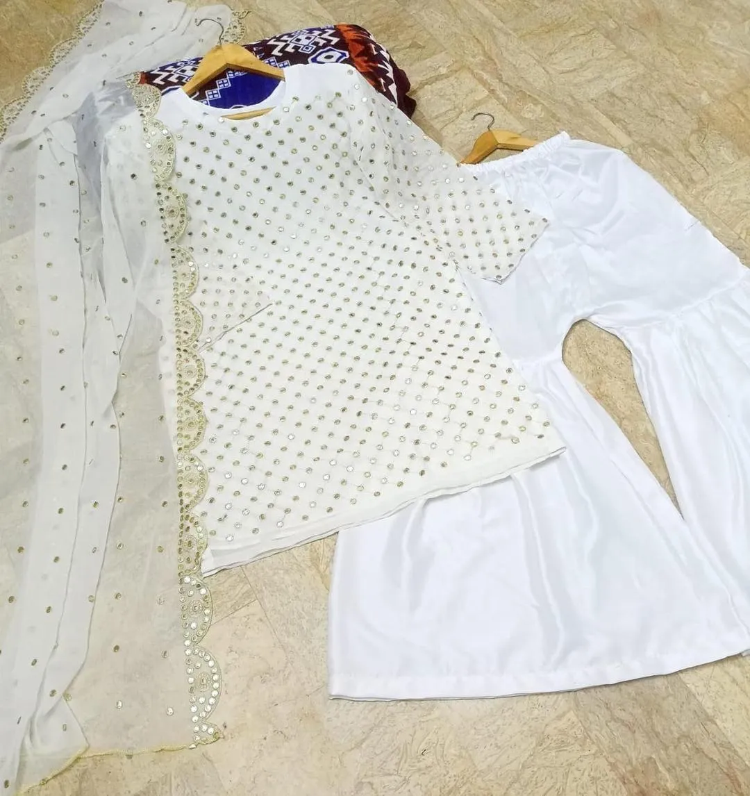 3 Pcs Women’s Stitched Chiffon Sequins Embroidered Gharara Shirt