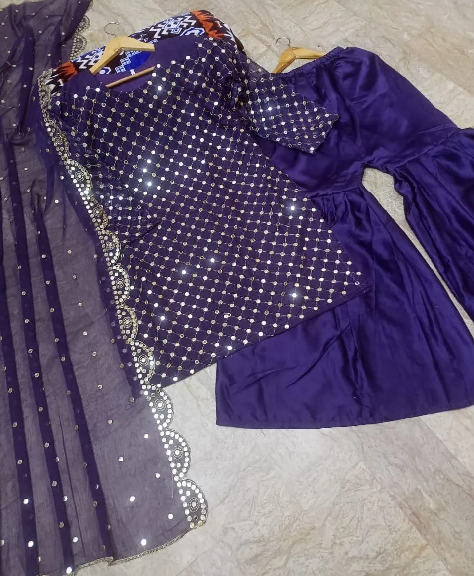 3 Pcs Women’s Stitched Chiffon Sequins Embroidered Gharara Shirt