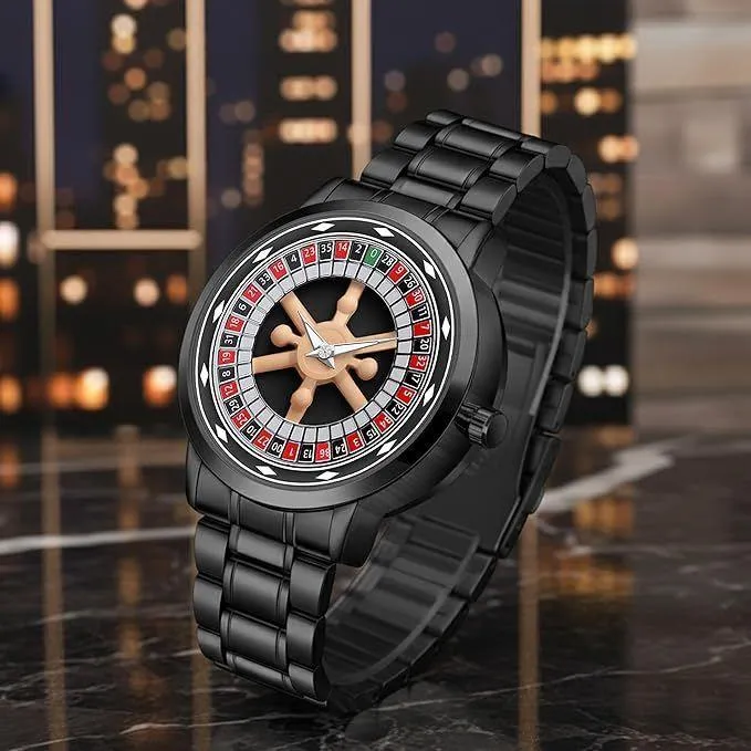 Branded Men's Roulette Watch Fashionable Colorful Quartz Watch 360 Rotating Dial Casual Fashion Silver and Black Stainless Steel Men's &Boy's Luxury Gift Watch     black chain roulette