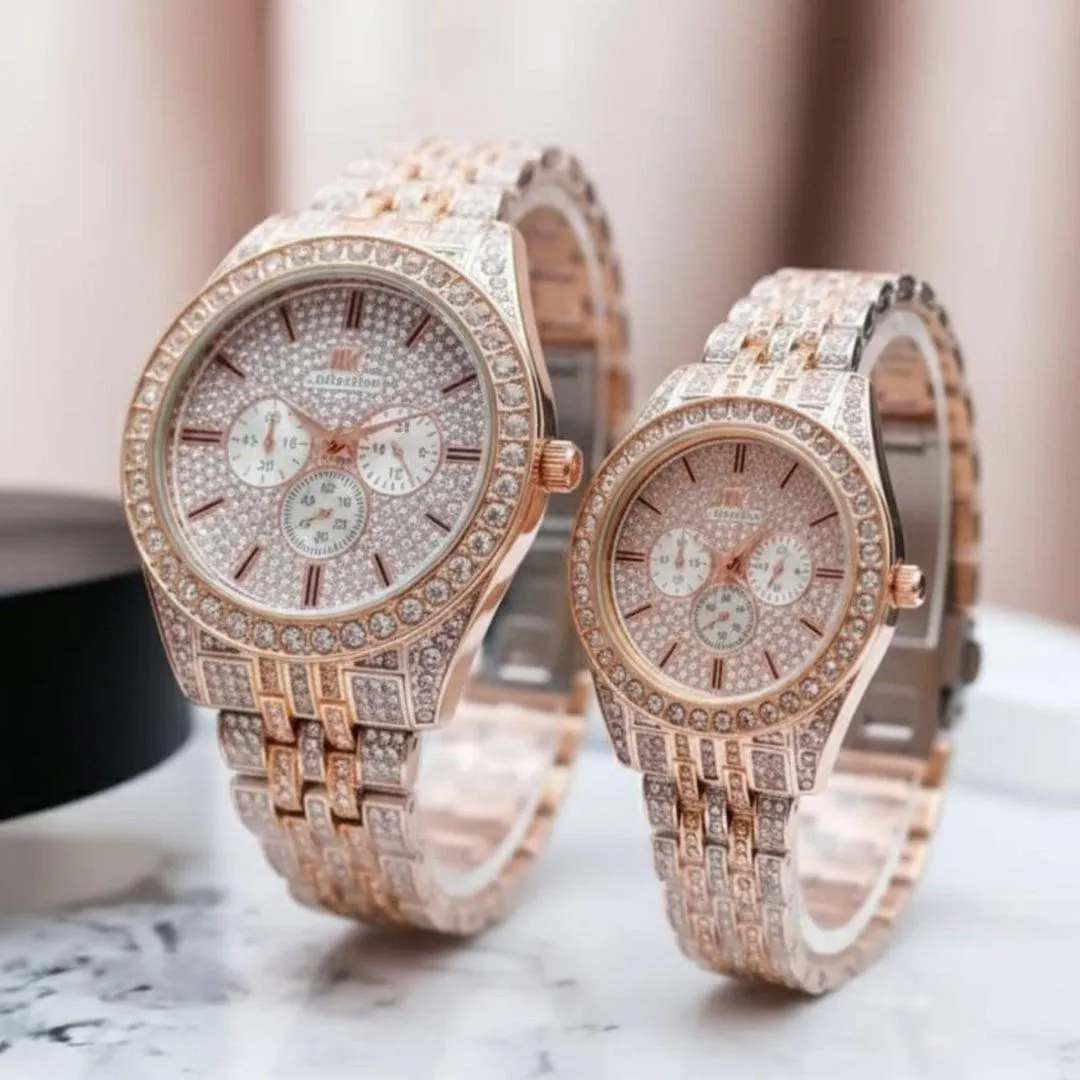 Rose Gold Unisex Couple Watches Pack of 2 Stainless Steel Chain Strap