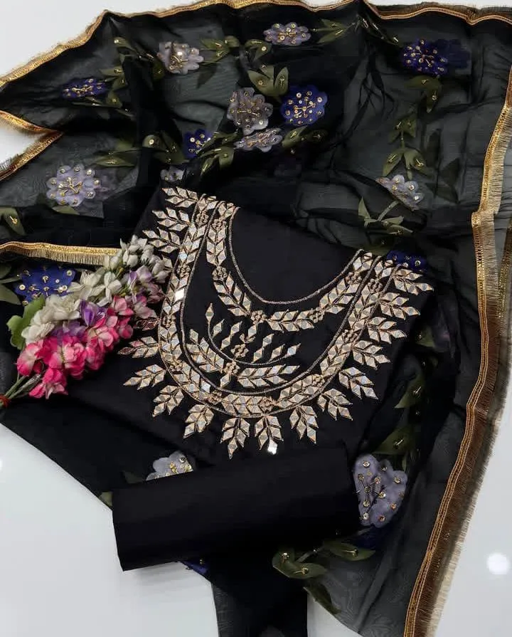 3 Pcs Women’s Unstitched Katan Silk Mirror Work Suit