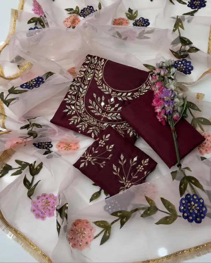 3 Pcs Women’s Unstitched Katan Silk Mirror Work Suit 