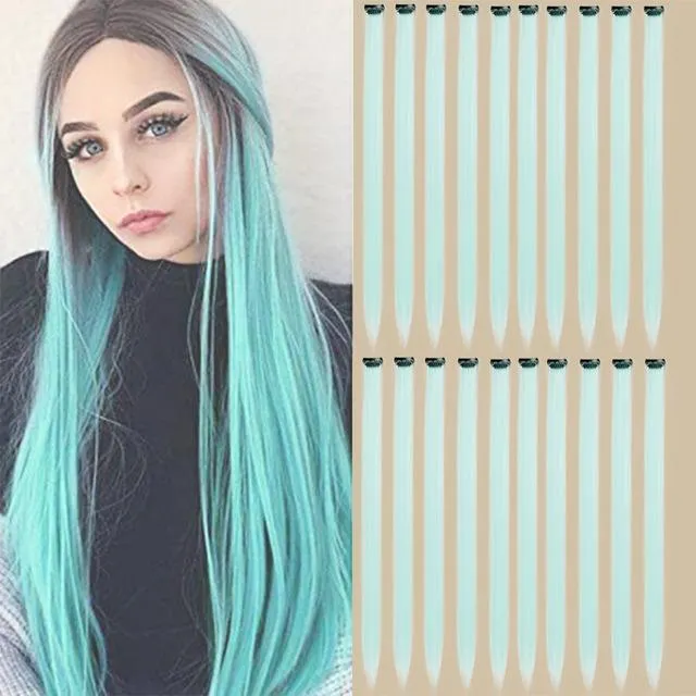 Pack of 6-PCS Long Straight Hair Clip Extensions for girls and women's -Light Blue
