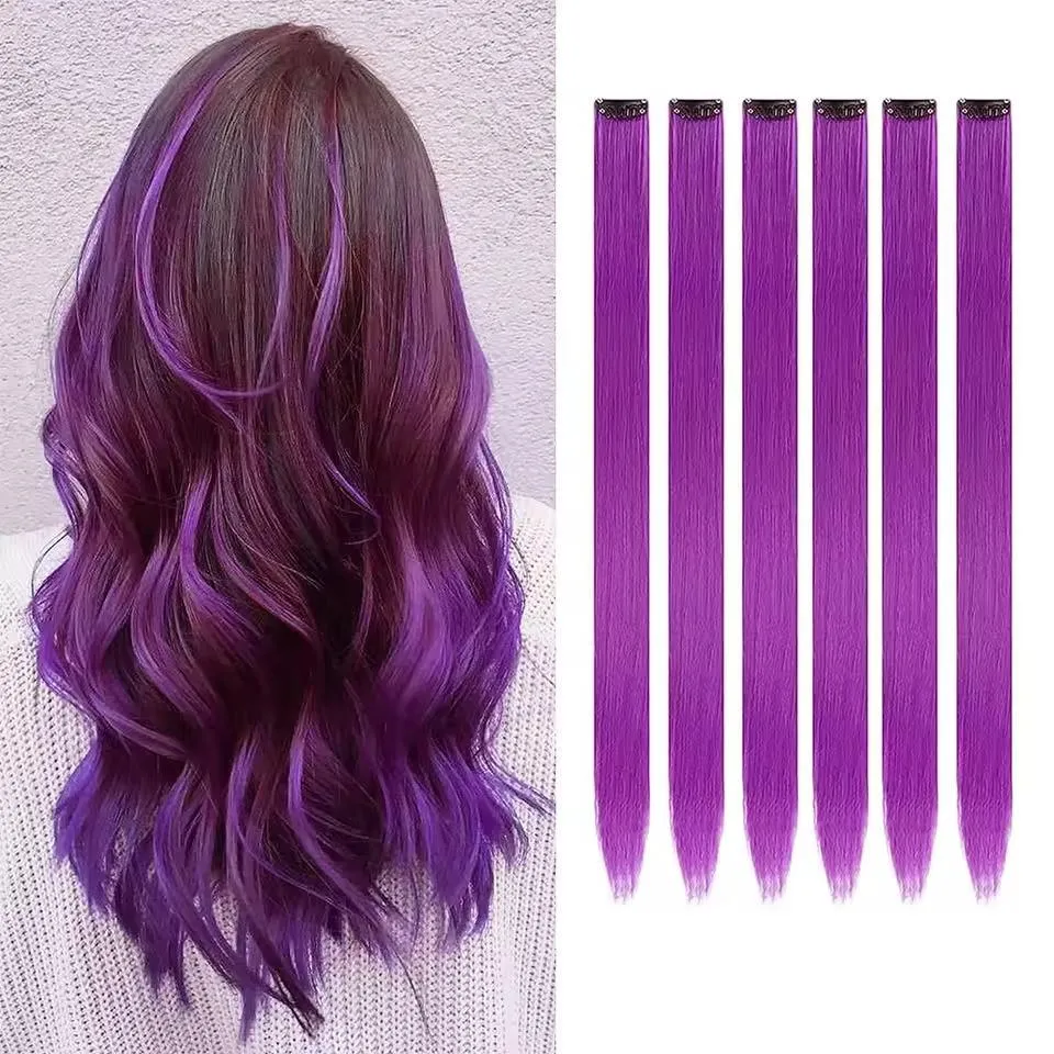 6 Pcs Straight Synthetic Clip Hair Extensions- Purple Shade