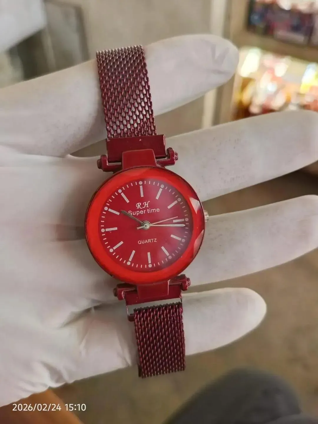 Red Stainless Steel Women's Watch with Magnetic Mesh Strap