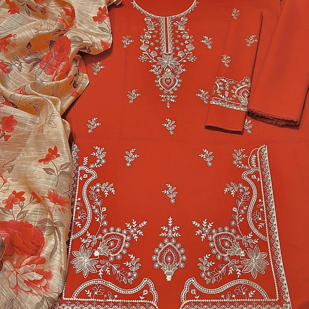 3 Pcs Women's Unstitched Embroidered Suit