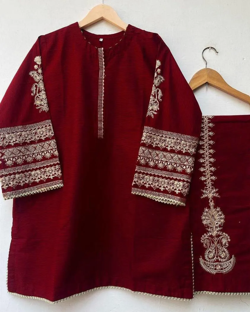 2 Pcs Women's Stitched Shamoz Silk Embroidered Shirt And Trouser view 2
