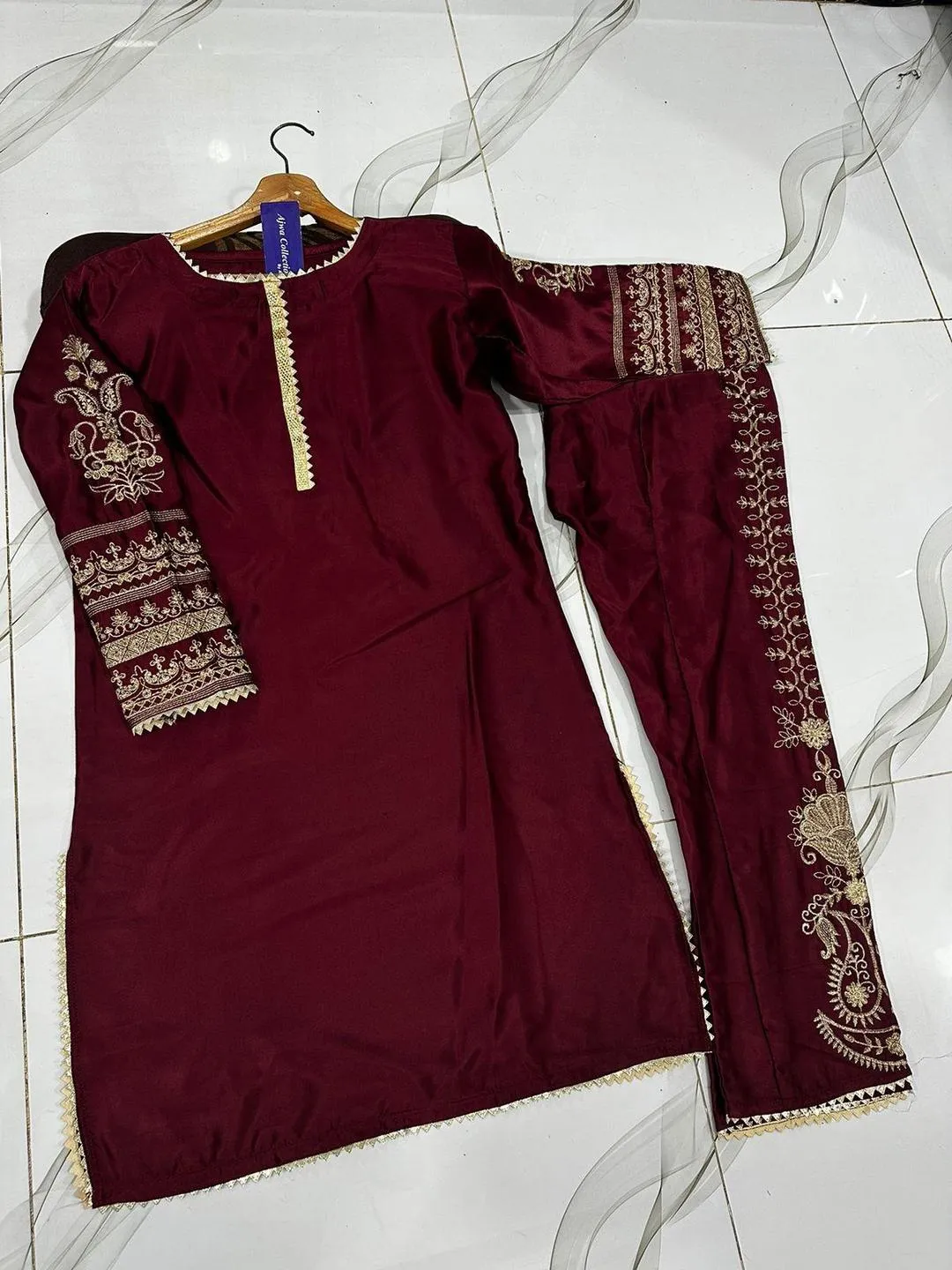 2 Pcs Women's Stitched Shamoz Silk Embroidered Shirt And Trouser view 3