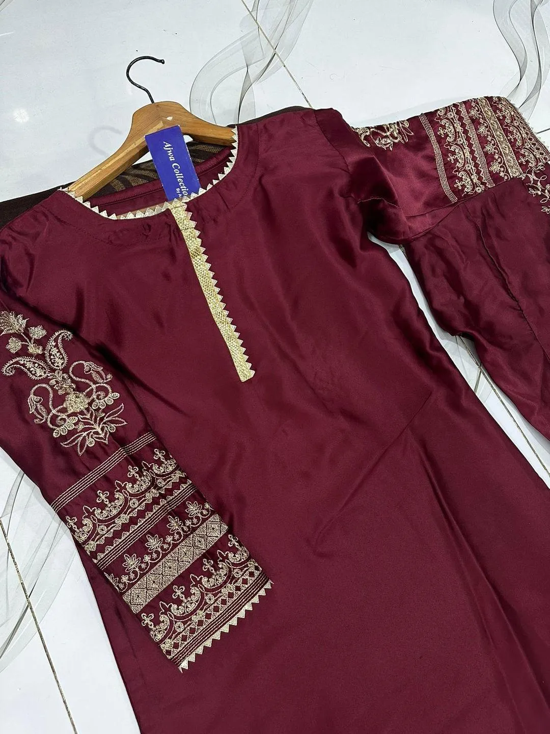 2 Pcs Women's Stitched Shamoz Silk Embroidered Shirt And Trouser view 4