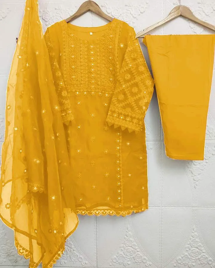 3 Pcs Girl's Chiffon Embroidered Kurta And Shalwar Suit