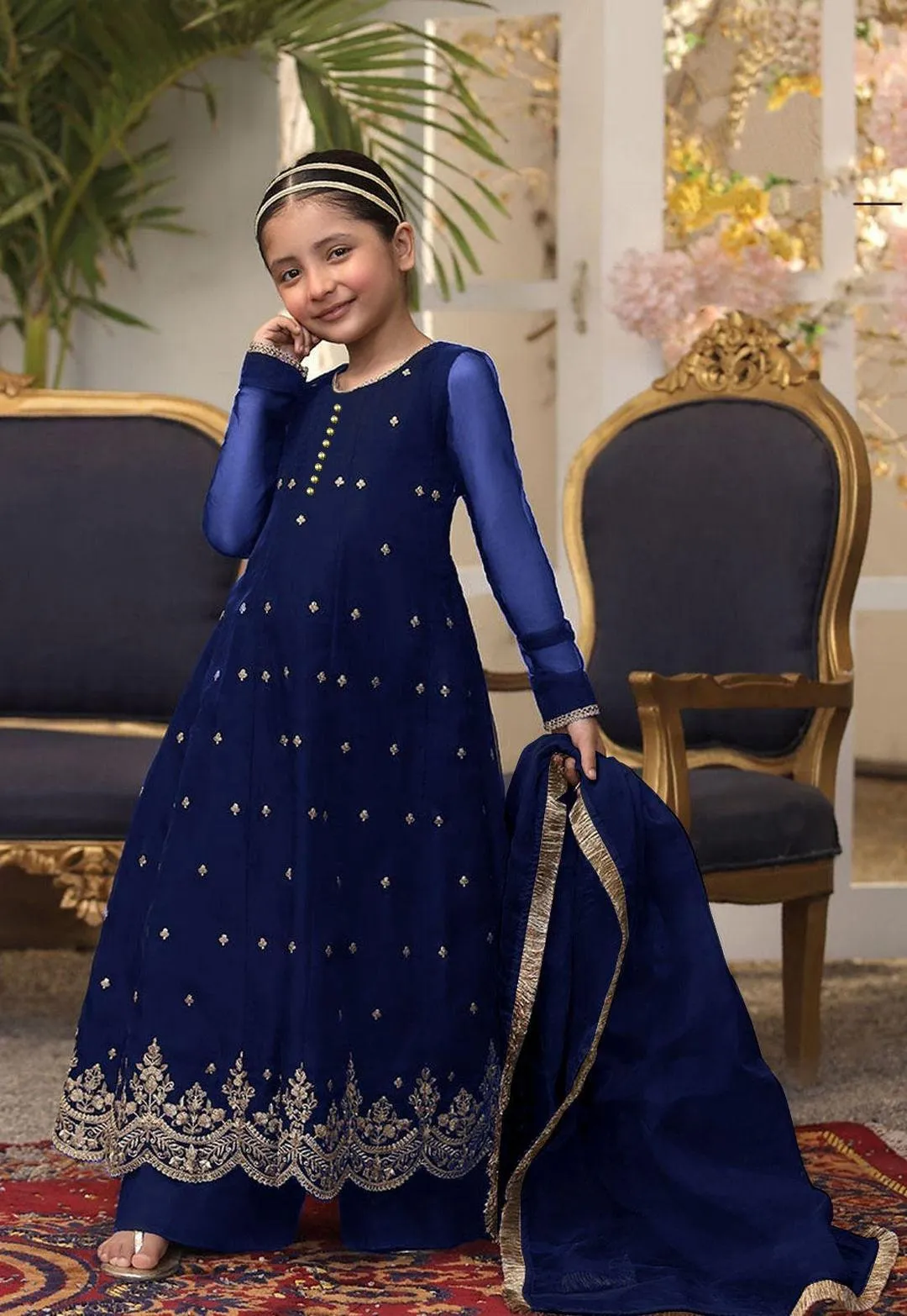 3 Pcs Girl's Chiffon Embroidered Frock And Trouser Set