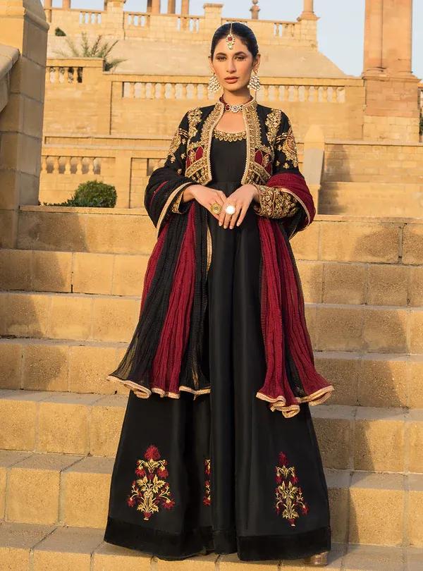 2 Pcs Women's Stitched Shamoz Silk Embroidered Maxi and Jacket