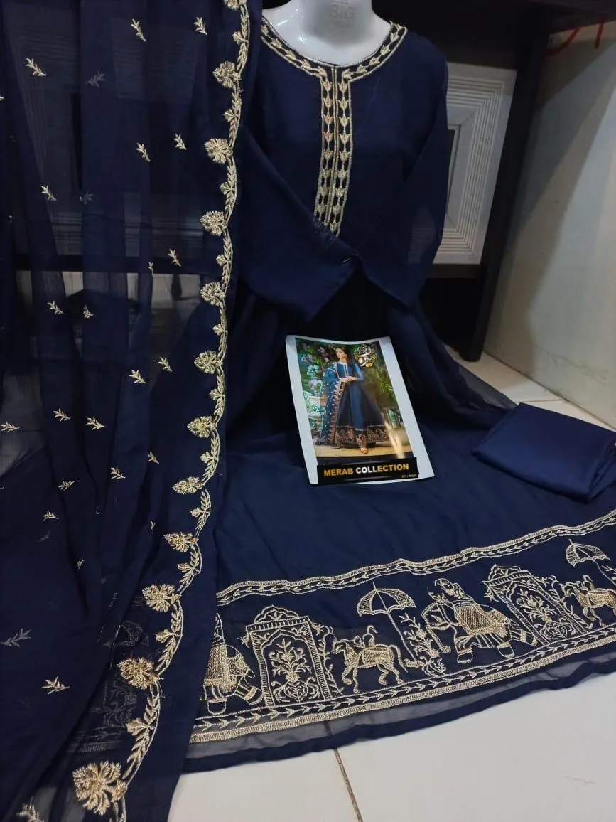 Blue Chiffon Embroidered Maxi Suit 3Pcs Set