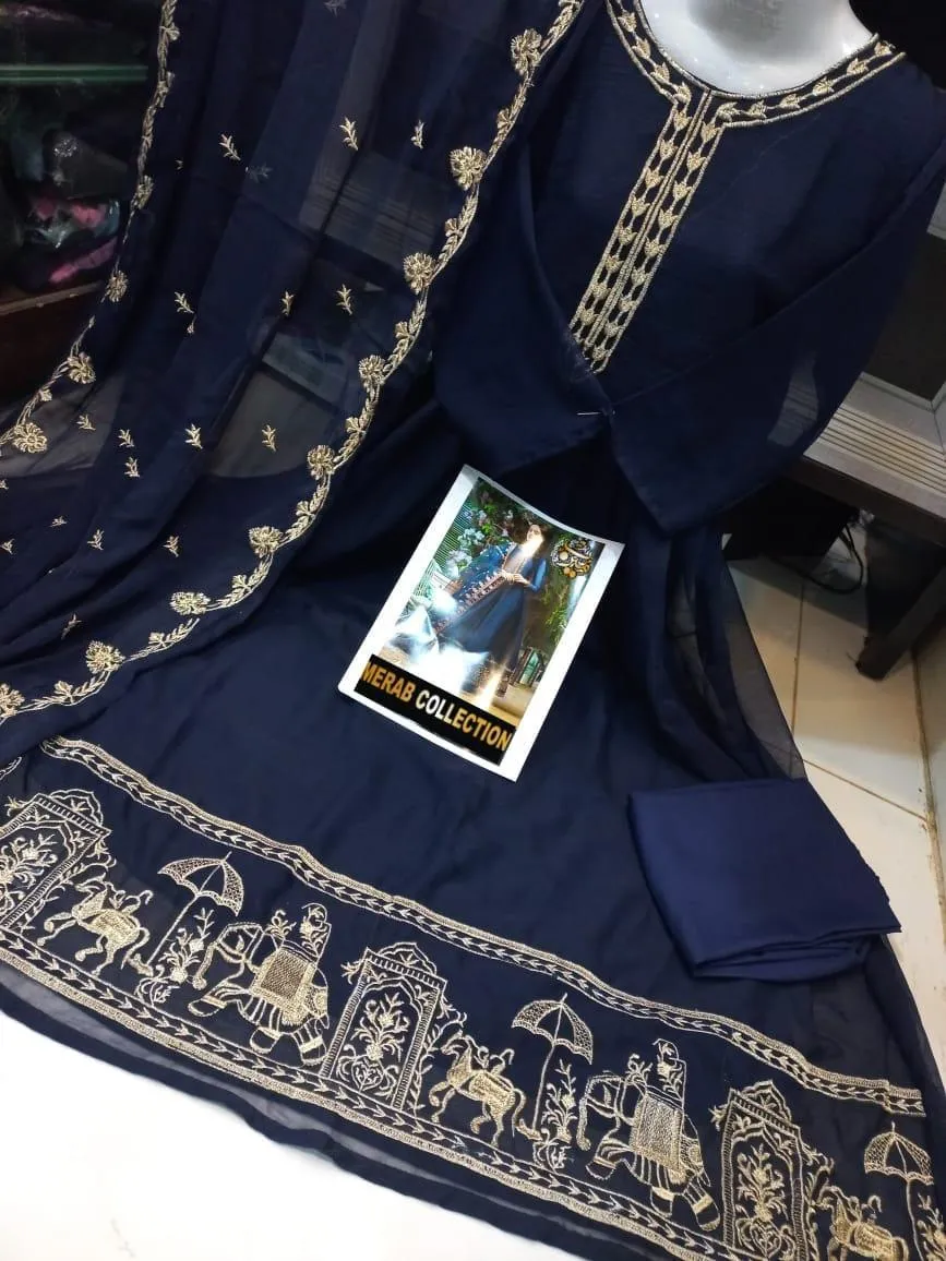 Blue Chiffon Embroidered Maxi Suit 3Pcs Set