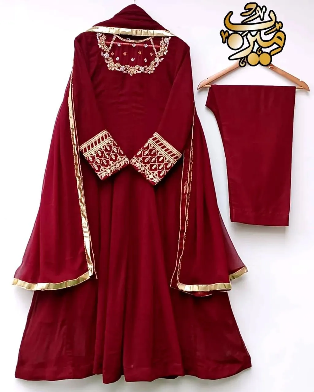 Maroon Chiffon 3Pcs Handwork Maxi Suit with Lace Dupatta