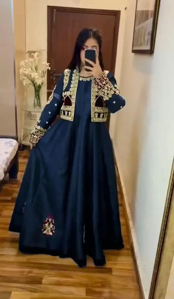 2 Pcs Women's Stitched Shamoz Silk Embroidered Maxi and Jacket