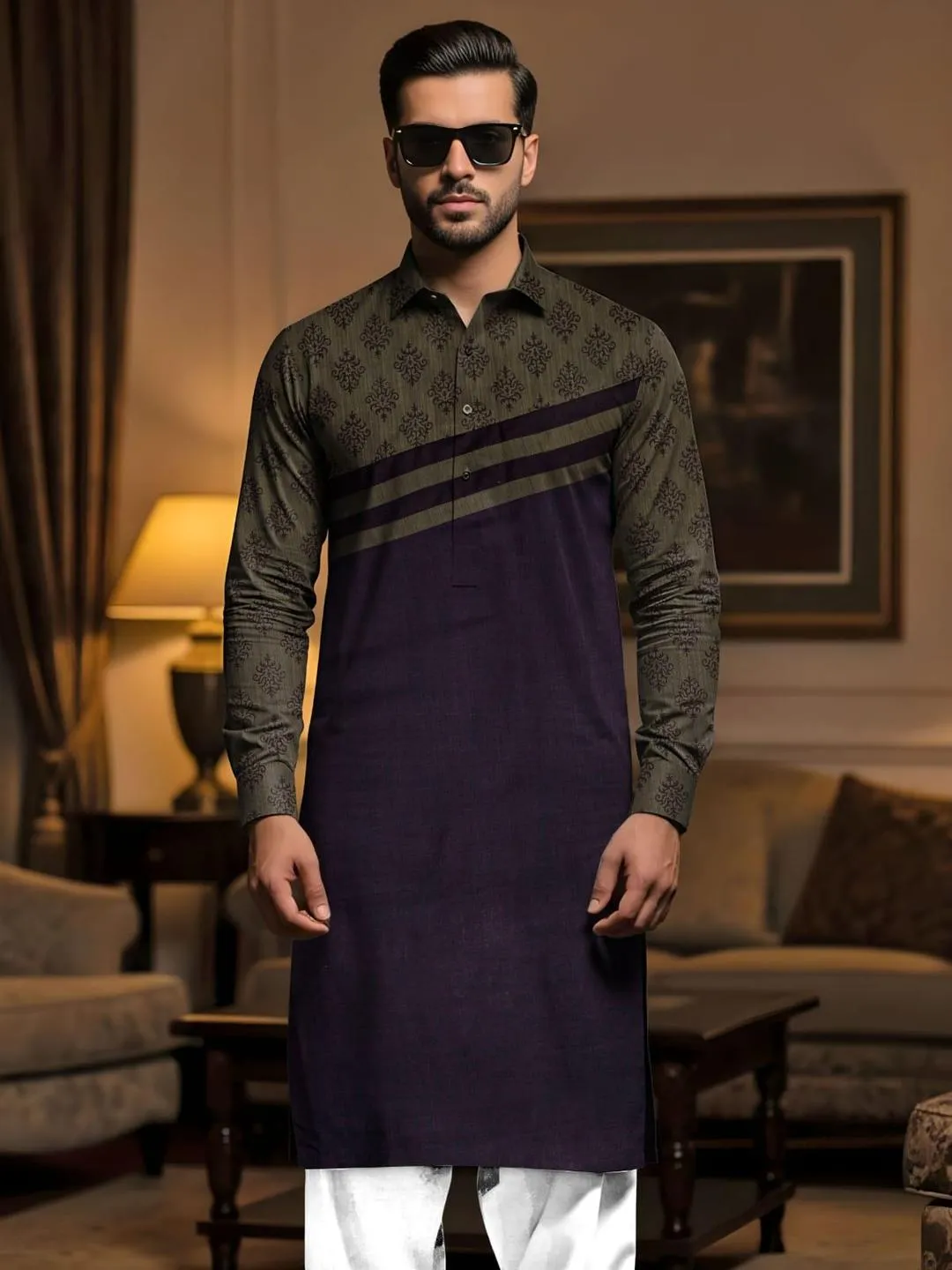 Men’s Unstitched Cotton Self Print Kurta