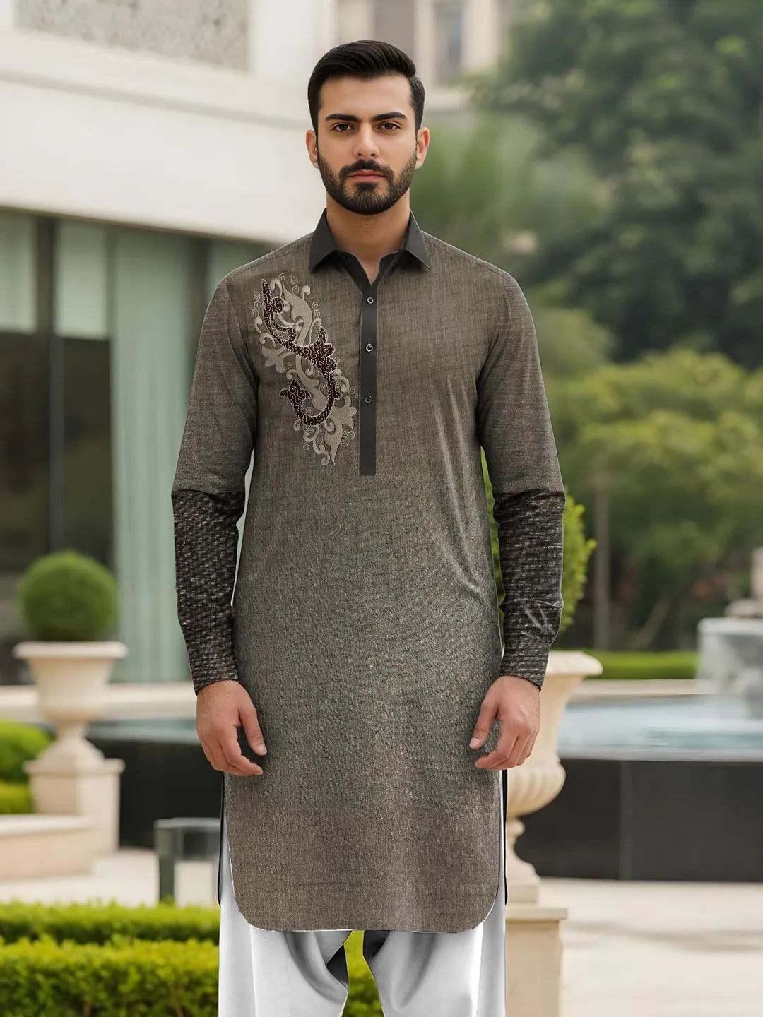Men’s Unstitched Cotton Embroidered Suit
