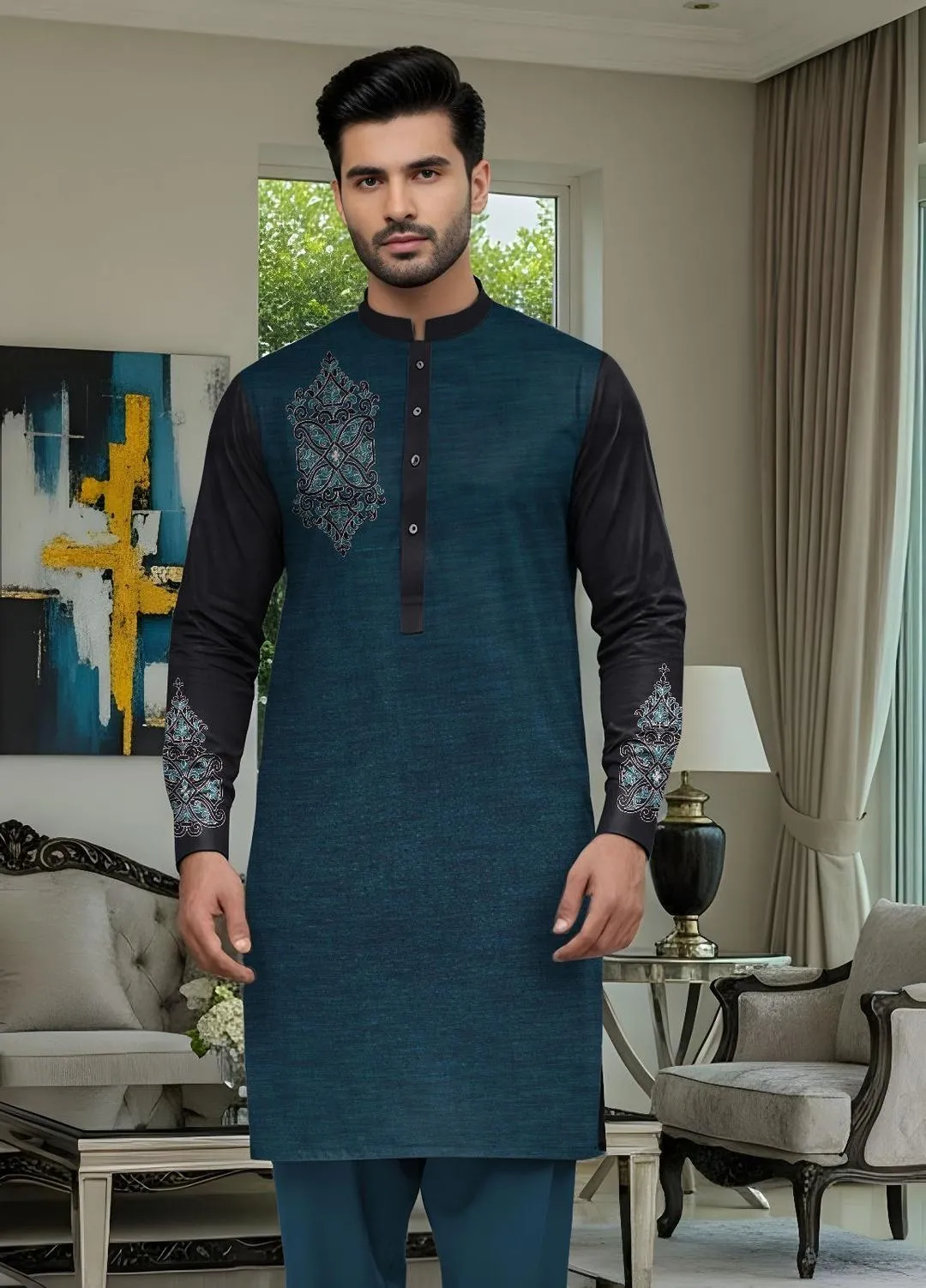 Men’s Unstitched Cotton Embroidered Suit