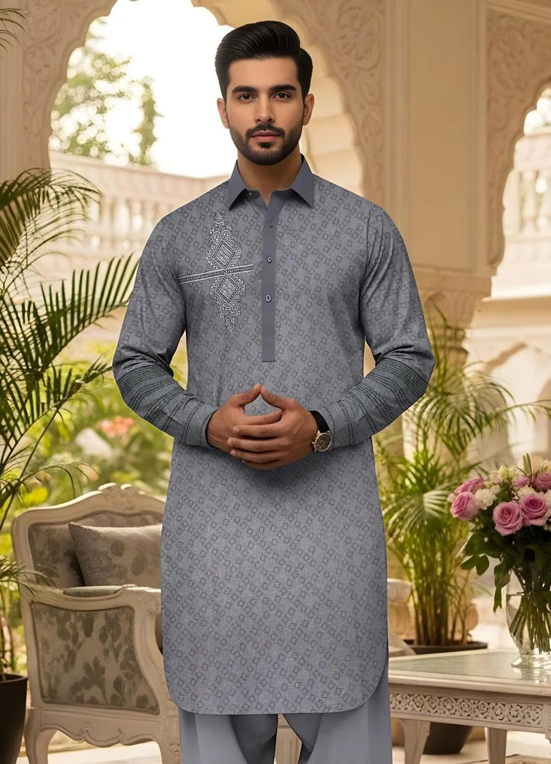 Men’s Unstitched Paper Cotton Embroidered Suit
