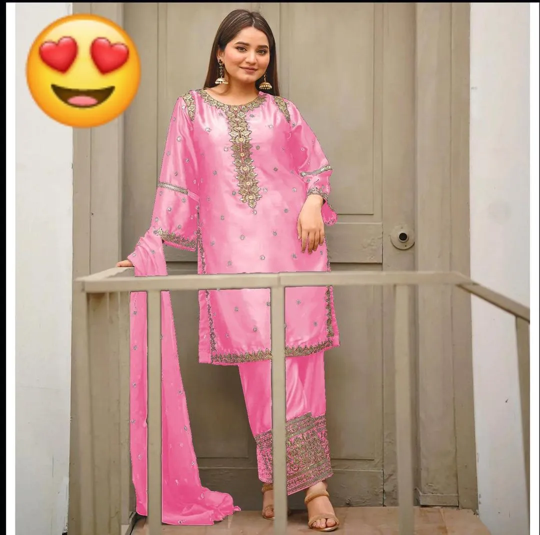 3 Pcs Women's Stitched Shamoz Silk Sequins Embroidered Suit