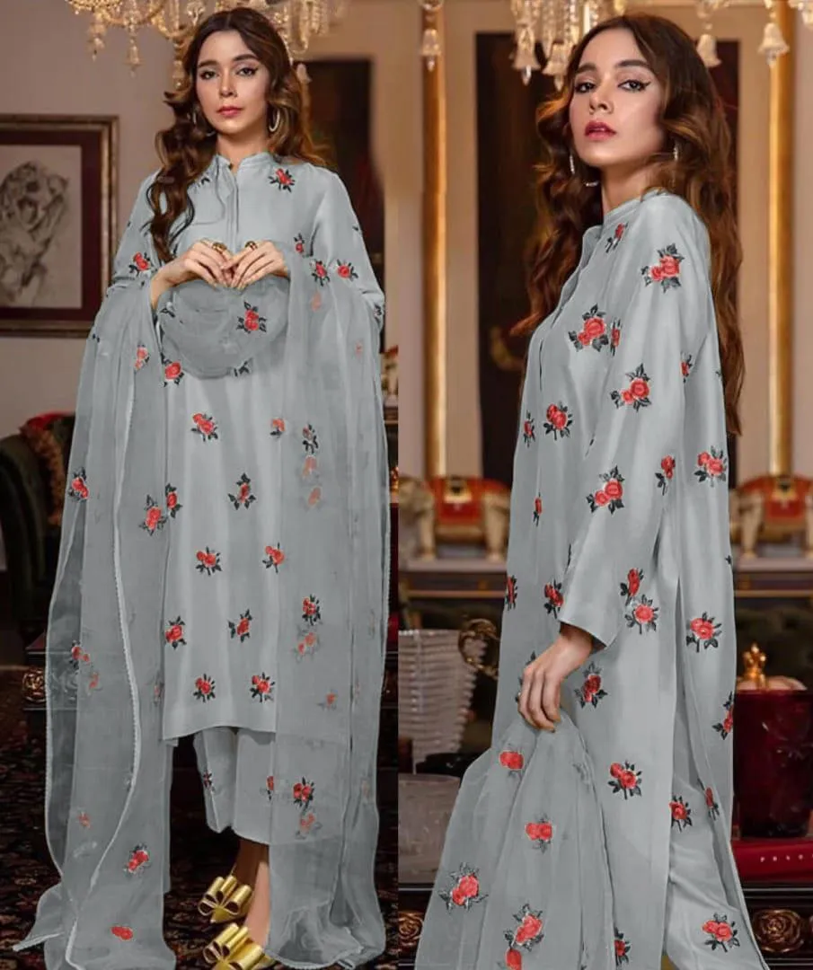 3 Pcs Women's Stitched Shamoz Silk Embroidered Suit