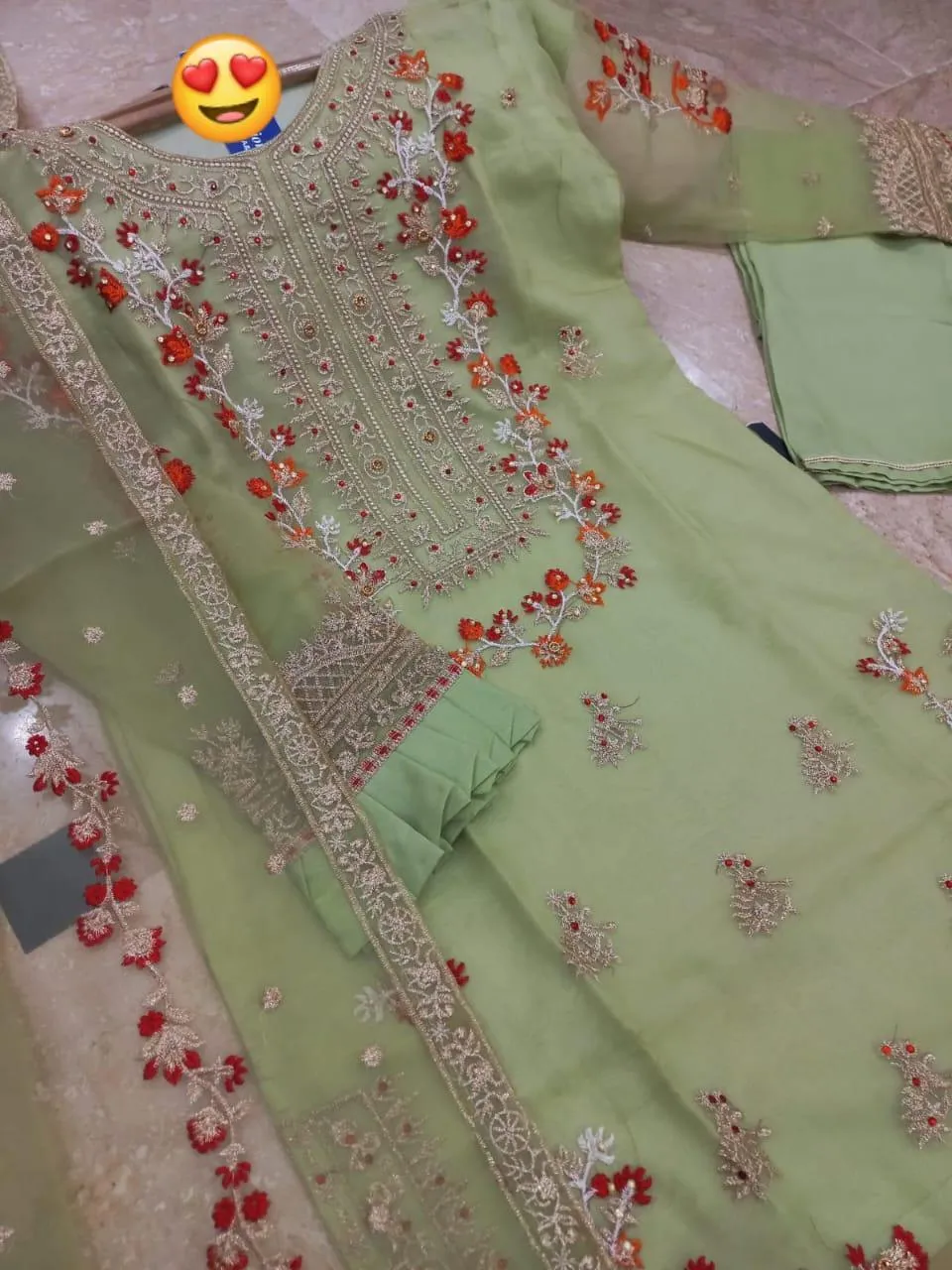Green Organza 3Pcs Handwork Eid Party Suit