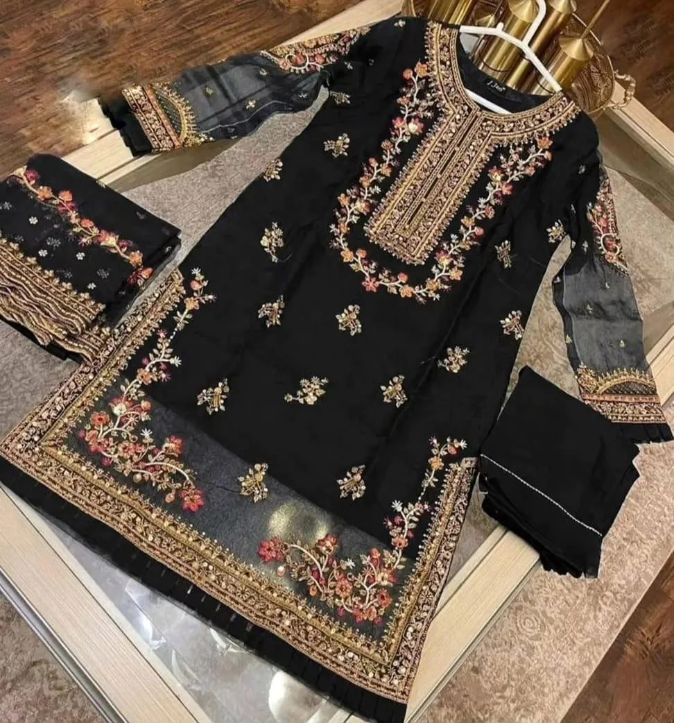 3 Pcs Women's Stitched Organza Hand Work Suit