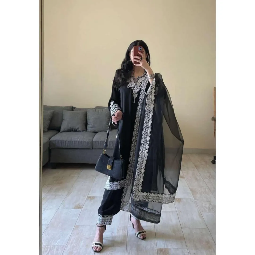 3 Pcs Women's Stitched Organza Embroidered Suit