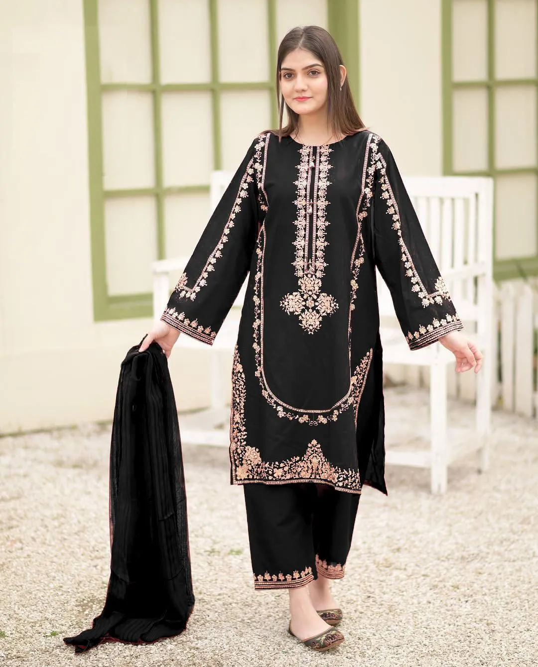 3 Pcs Women's Stitched Shamoz Silk Sequins Embroidered Suit