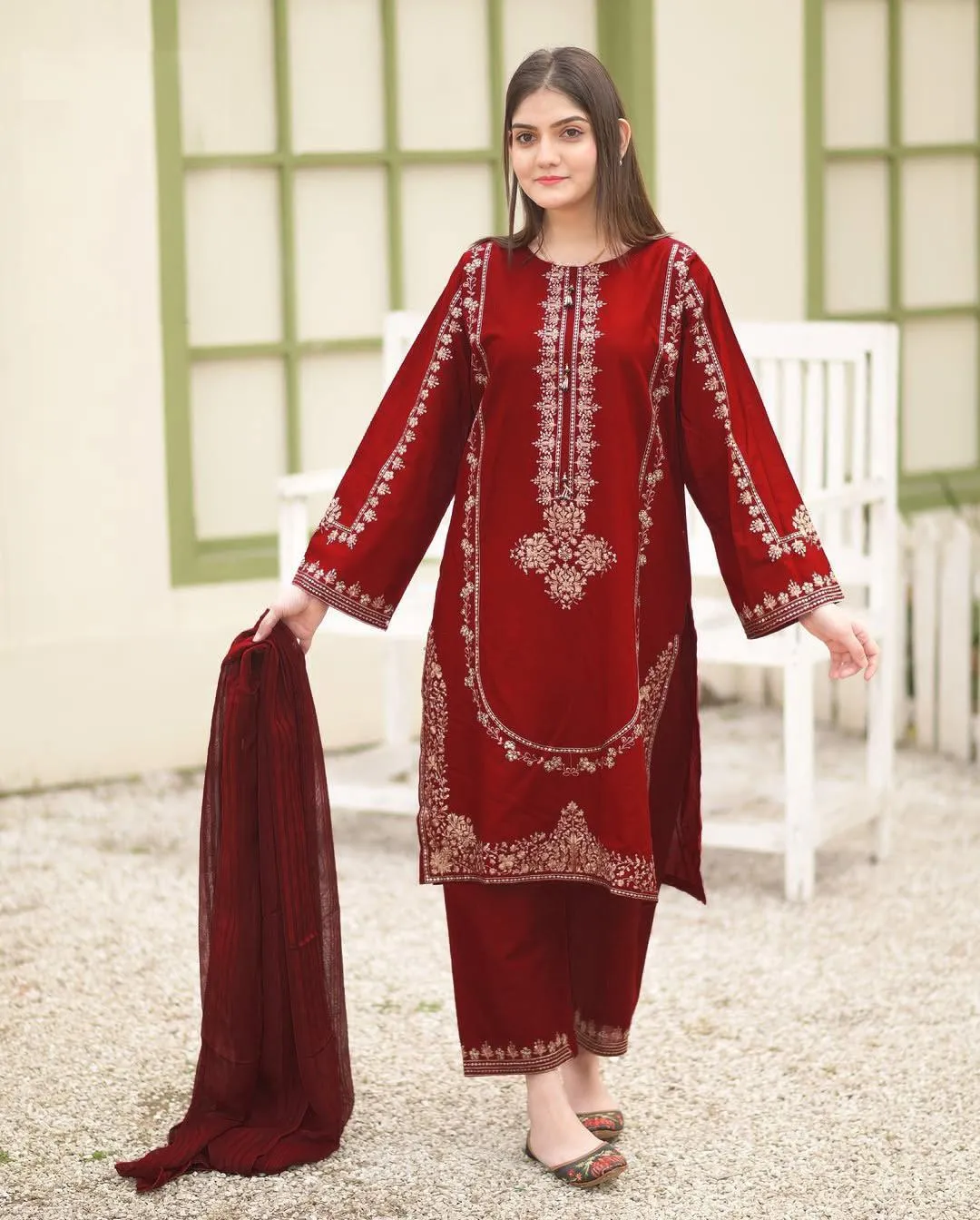 3 Pcs Women's Stitched Shamoz Silk Sequins Embroidered Suit