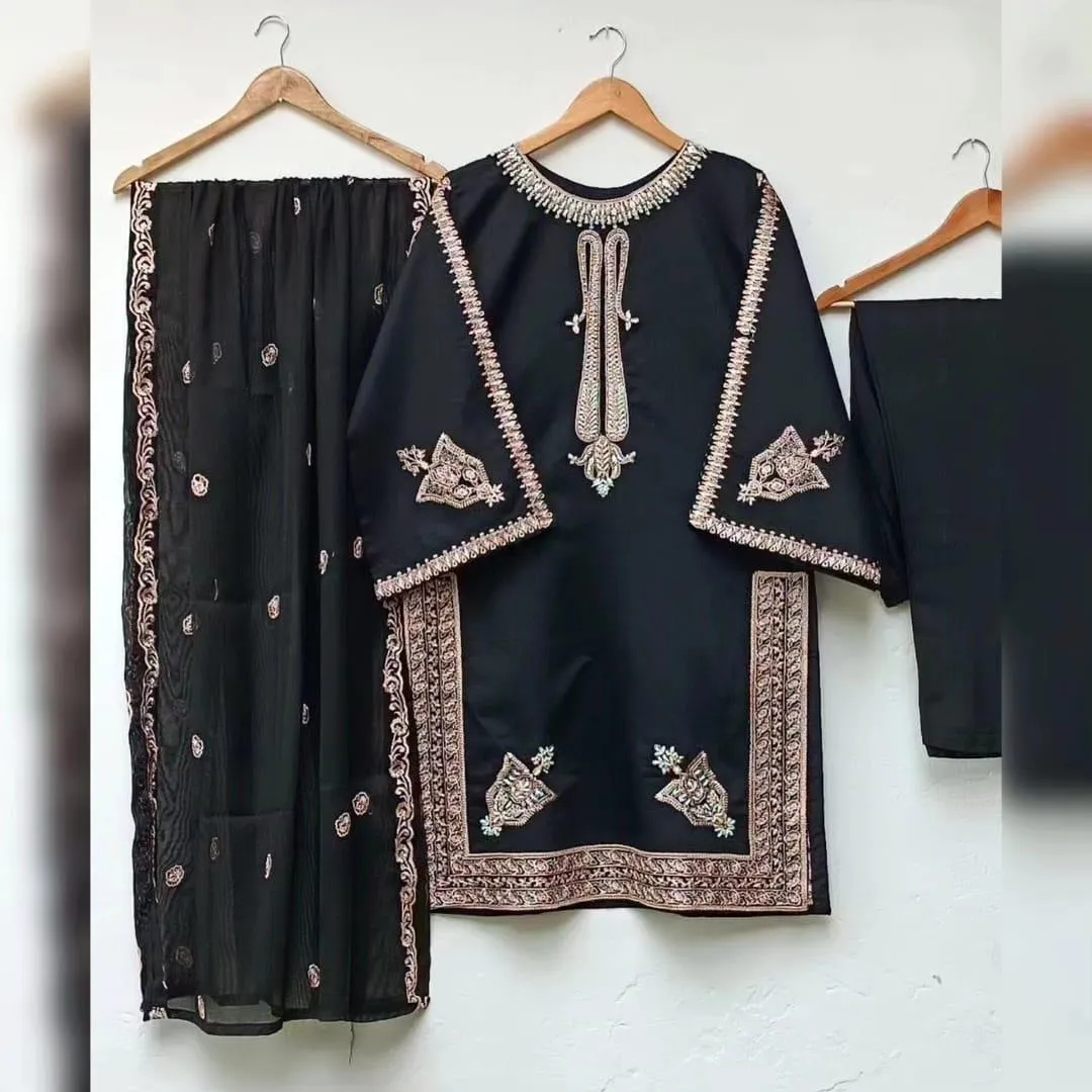 3 Pcs Women's Stitched Shamoz Silk Embroidered Suit