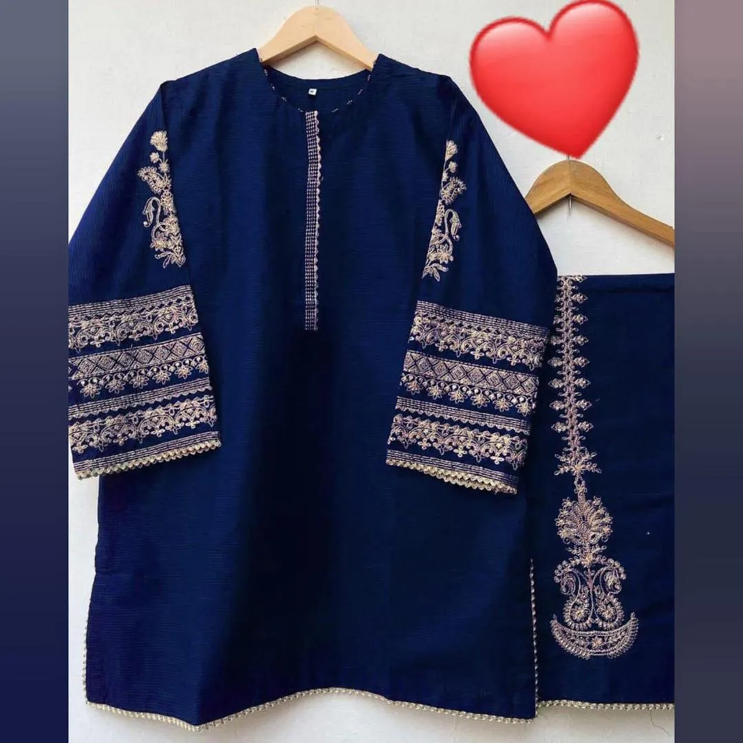 2 Pcs Women's Stitched Shamoz Silk Embroidered Shirt And Trouser