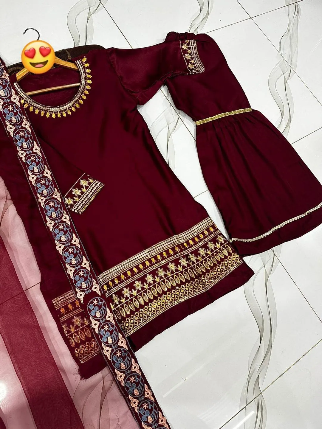 Maroon 3Pcs Shamoz Silk Gharara Set With Sequins Embroidery