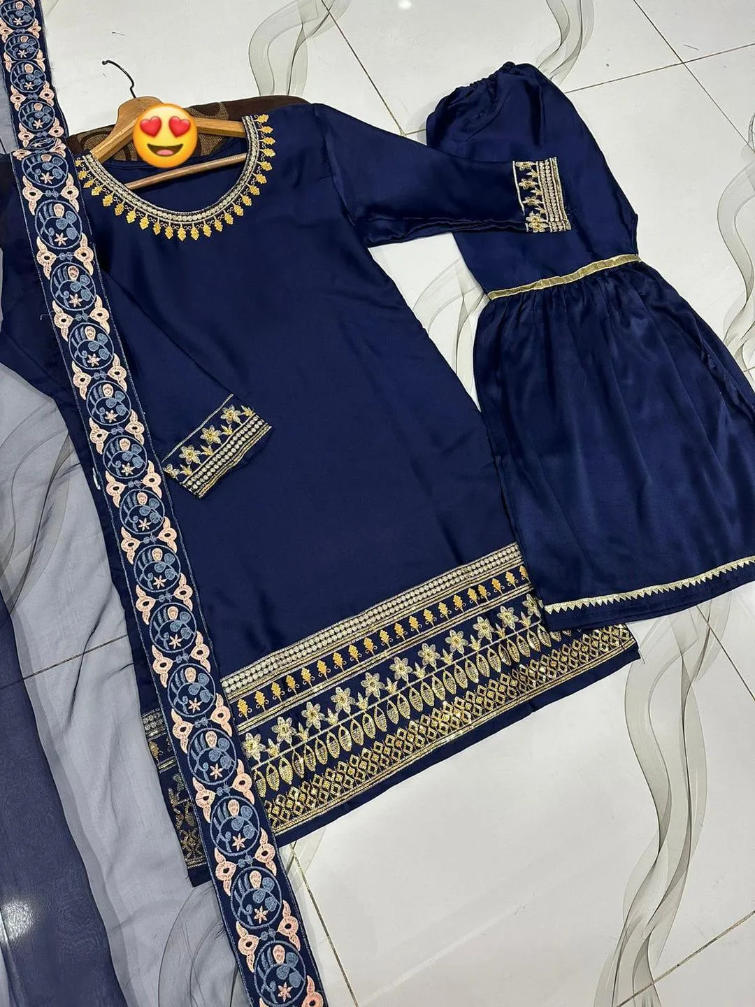 Blue Sequins Embroidered 3Pcs Gharara Set