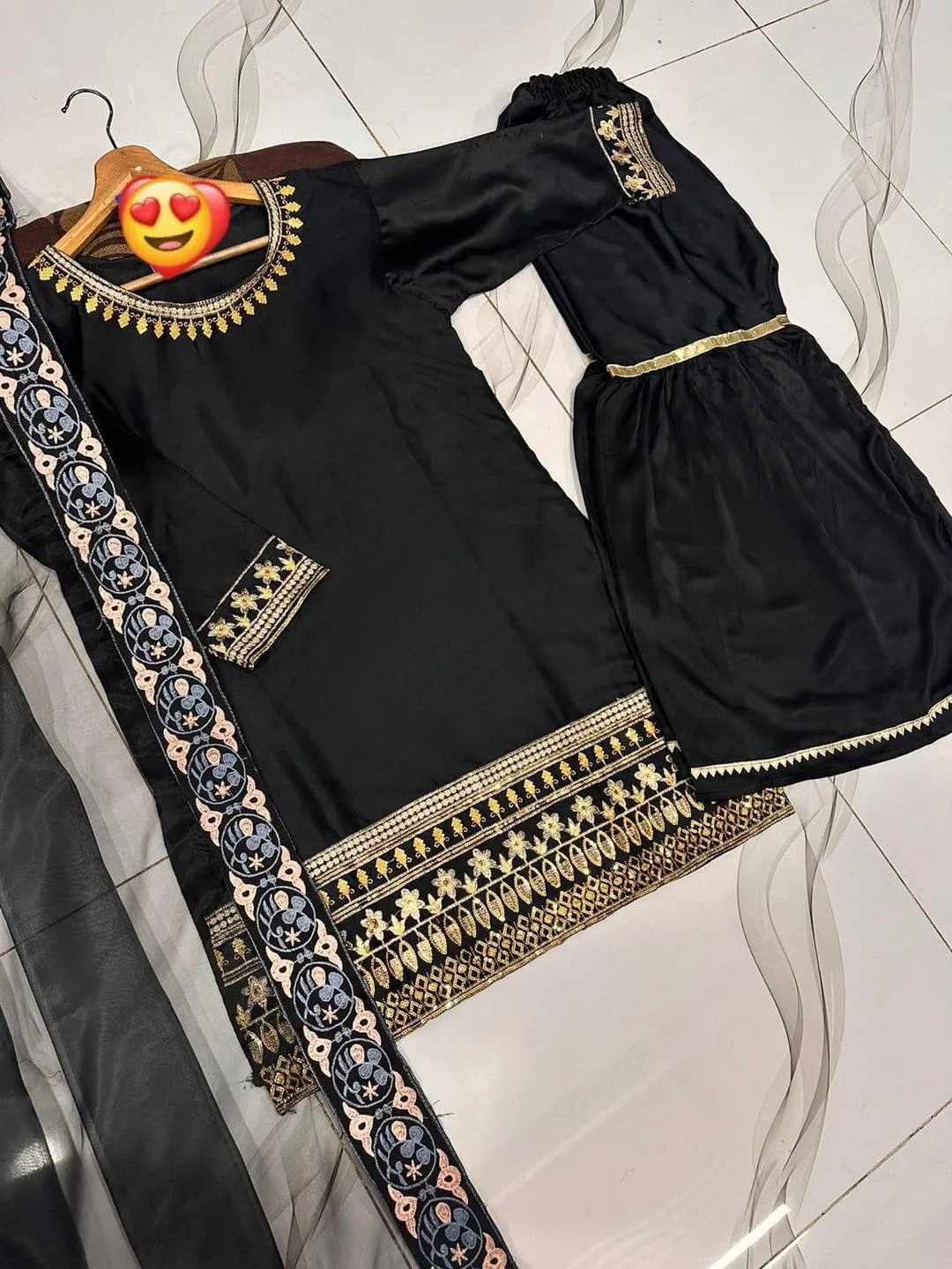 Black Sequins Embroidered 3Pcs Women Gharara Set