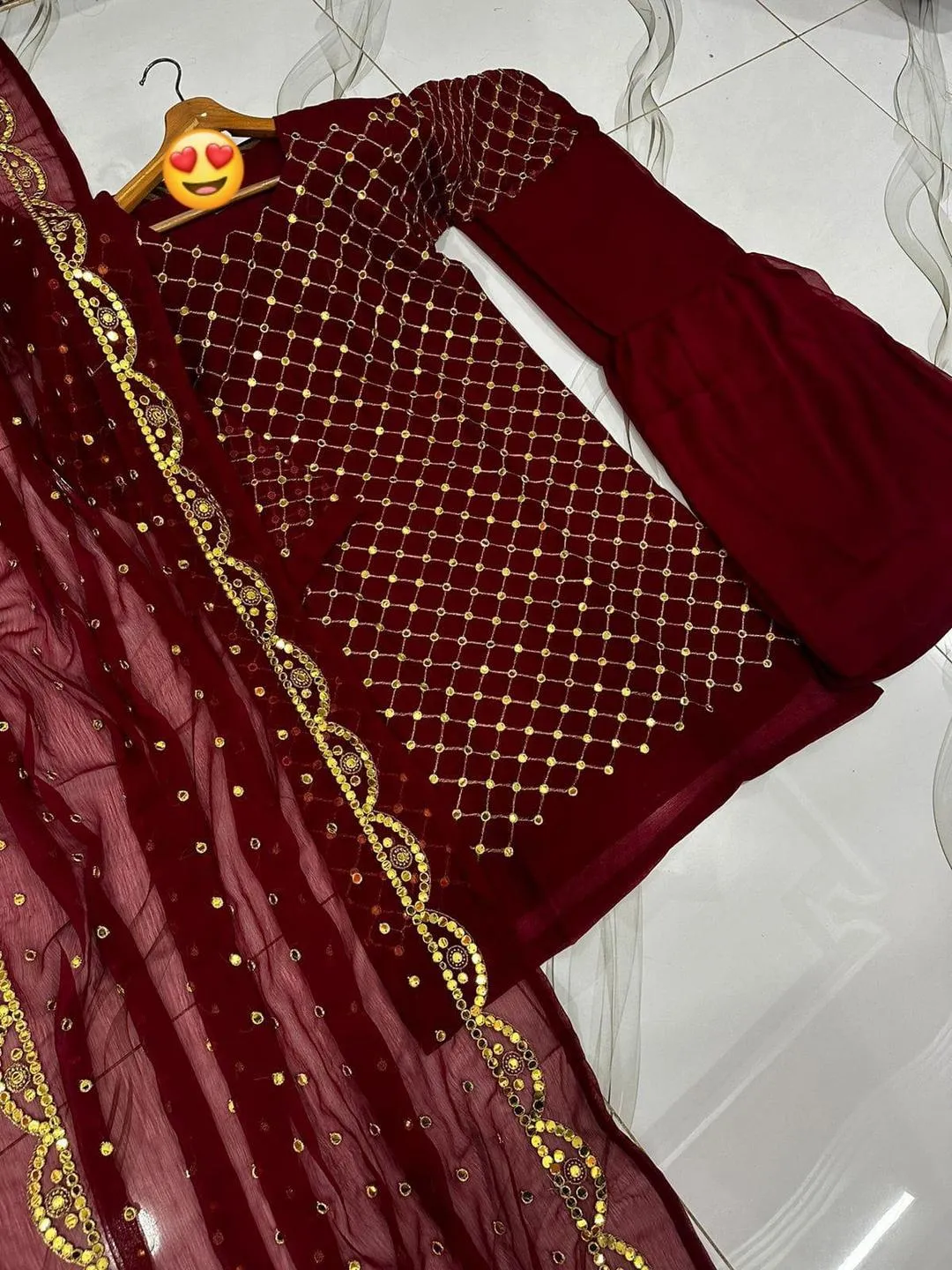 Maroon Sheesha Work 3Pcs Gharara Set Wedding Party Wear