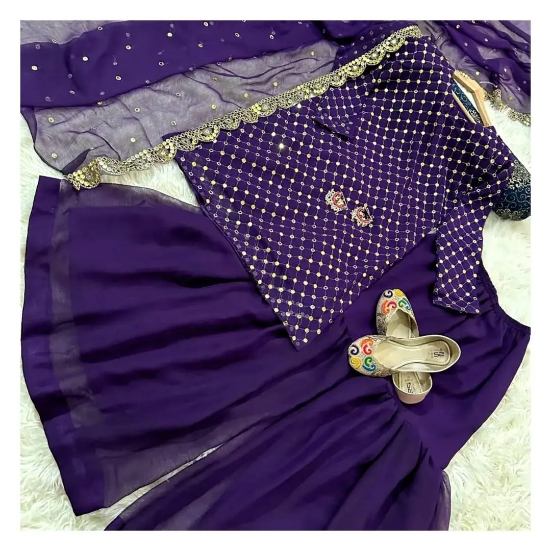 3 Pcs Women’s Stitched Chiffon Sheesha Work Gharara Shirt