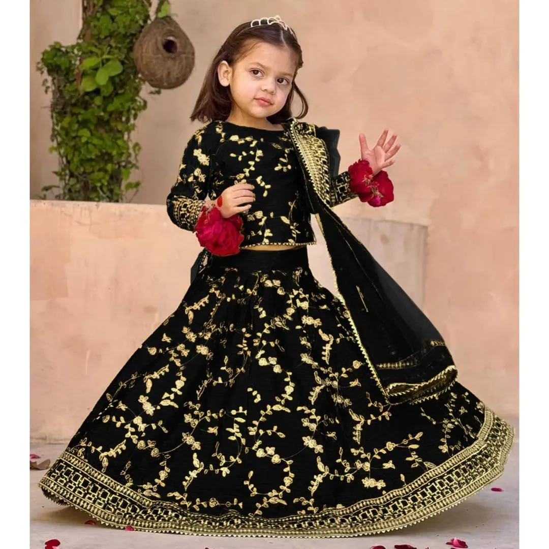3 Pcs Girl's Shamoz Silk Embroidered Shirt And Skirt Set