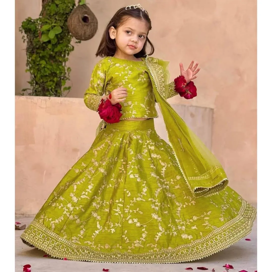 3 Pcs Girl's Shamoz Silk Embroidered Shirt And Skirt Set