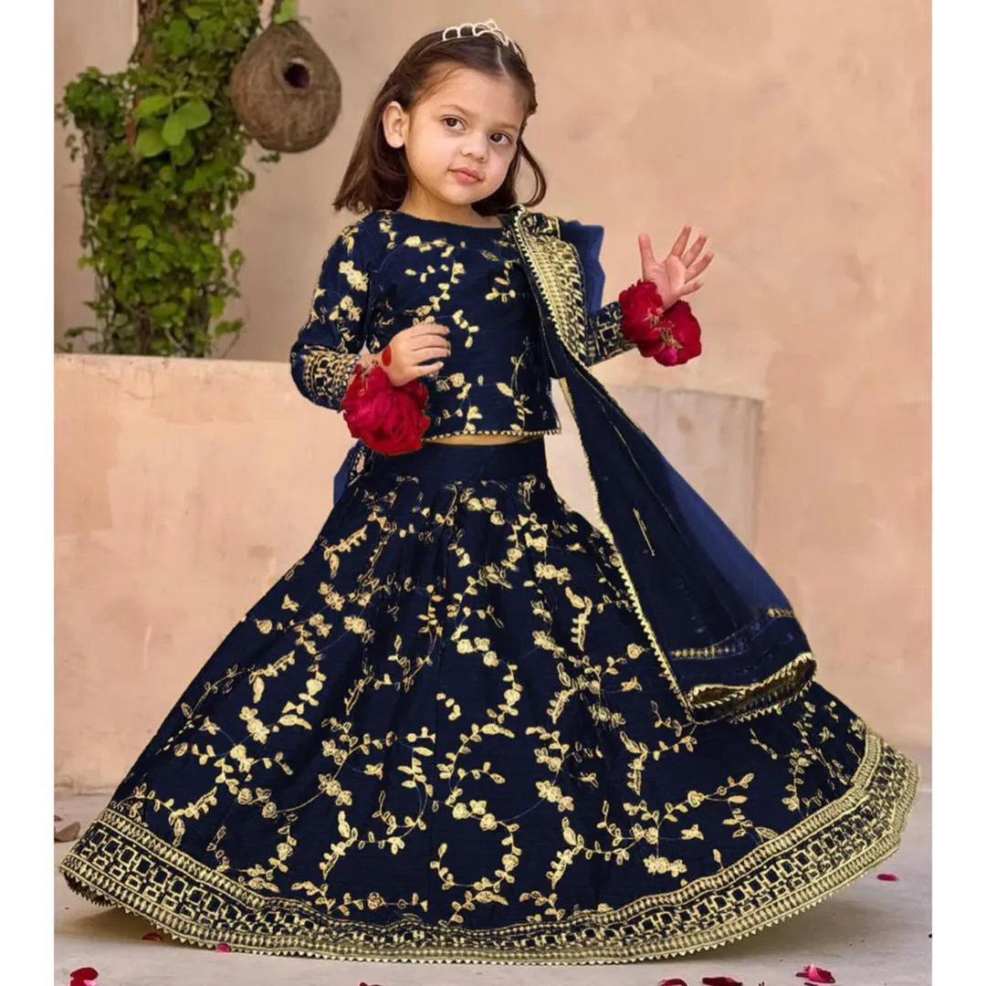 3 Pcs Girl's Shamoz Silk Embroidered Shirt And Skirt Set